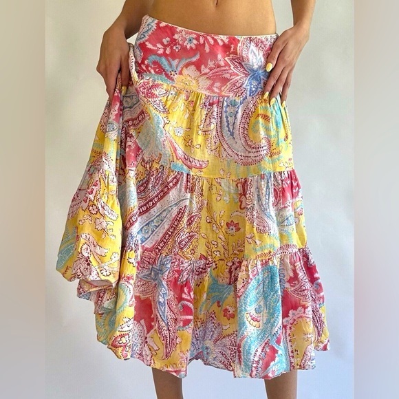 Lauren Ralph Lauren 100% Linen Boho Paisley Multi Colored Flowy Maxi Skirt, EUC - Picture 1 of 14